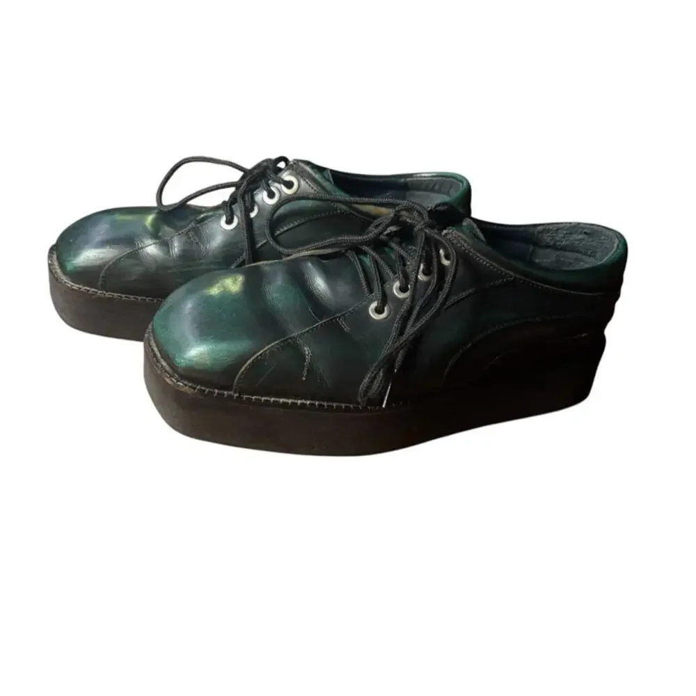 Vintage John Fluevog Creepers Platform Shoes Tie Oxfords Green Brown Size 43